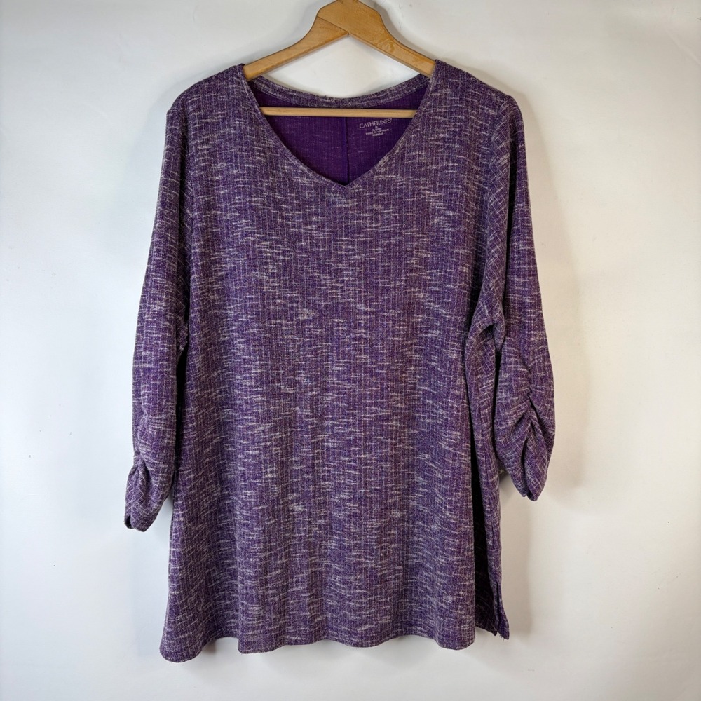 Catherines Tunic Top Women 1X Purple Space Dye Ruched 3/4 Sleeve V-Neck Relaxed